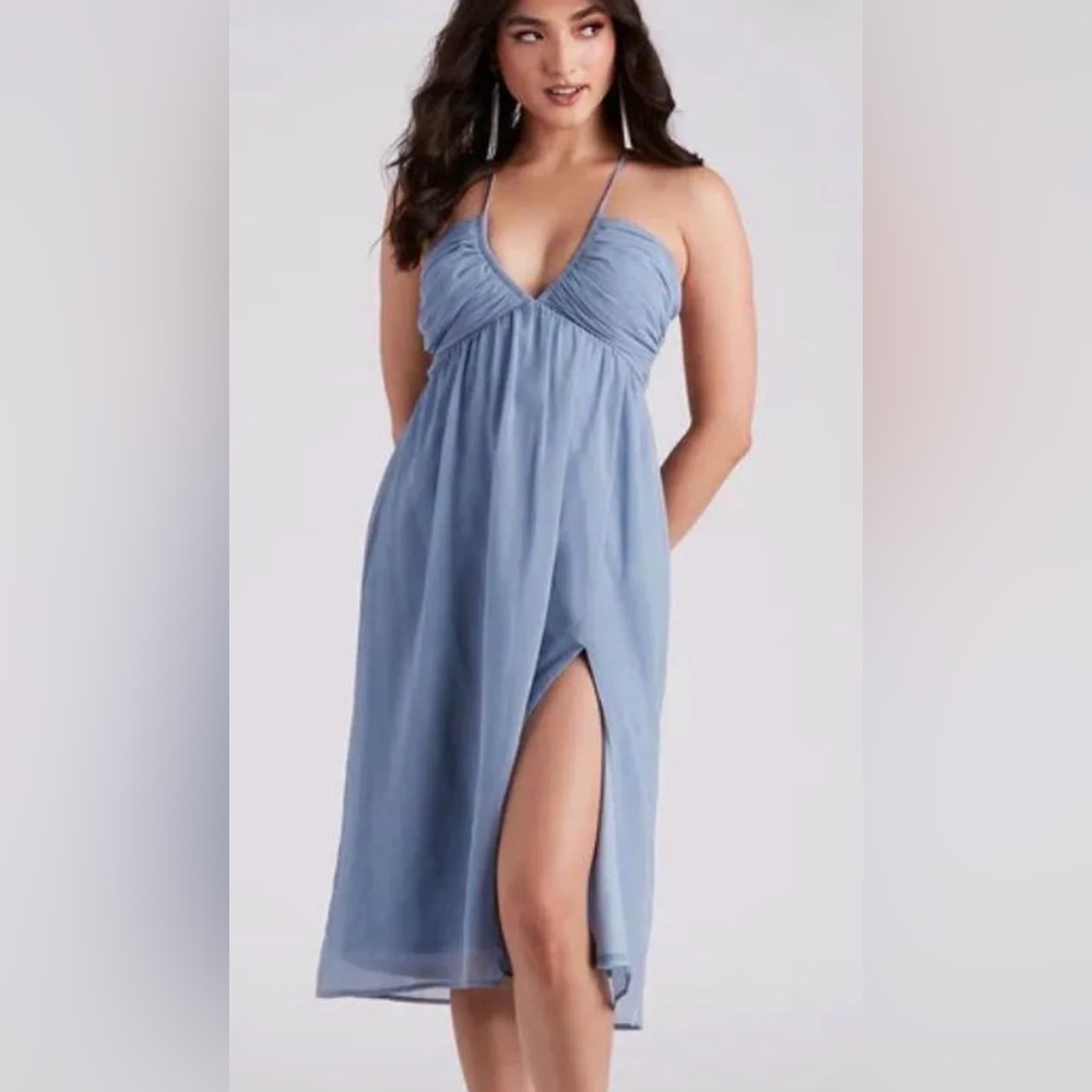 Light Blue Midi Dress with Front Slit